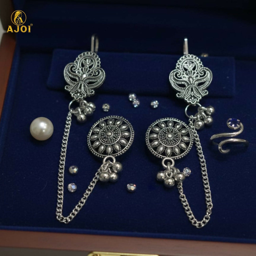 Oxidized Silver Ethnic Chain Drop Earrings – Tribal Indo-Boho Style