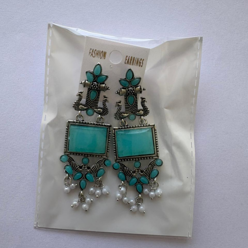 Oxidized Silver Earrings – Blue Stone & Pearl Drop
