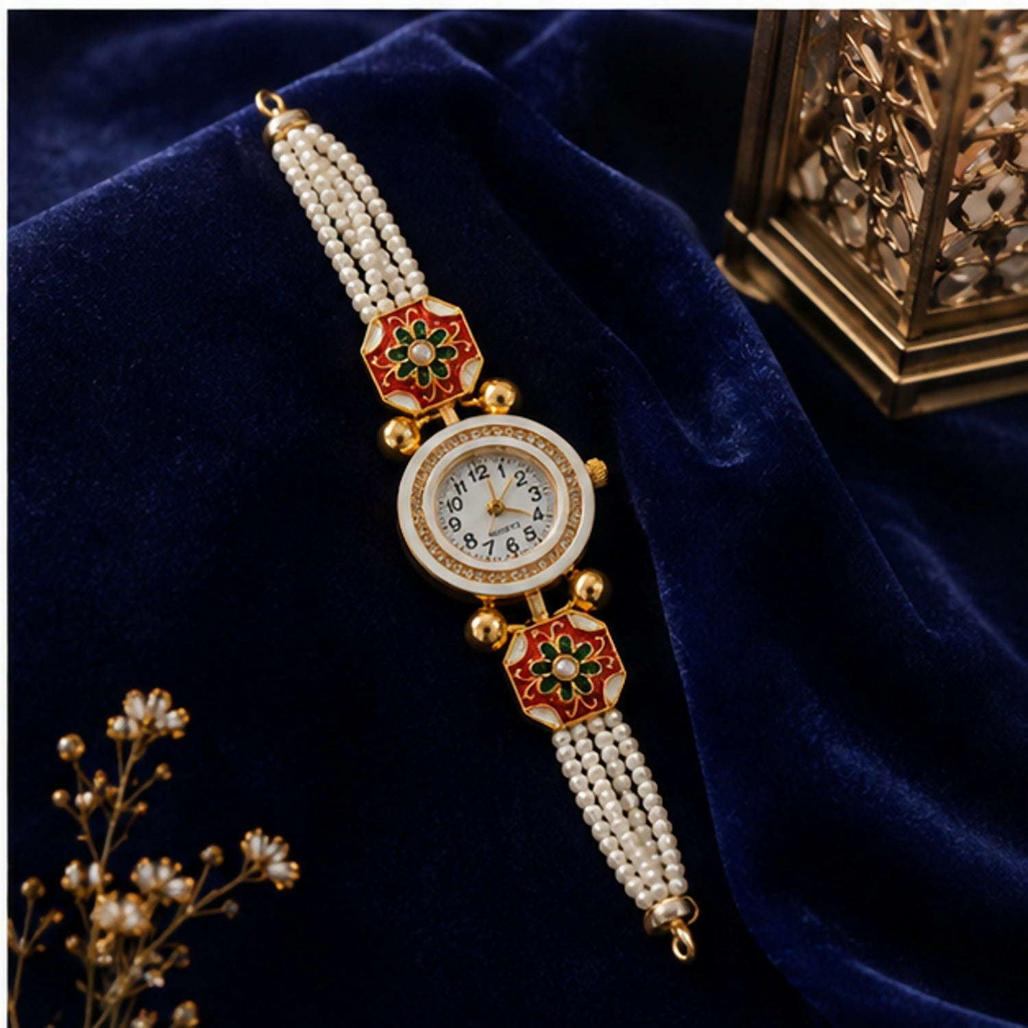 Traditional Gold Tone Bracelet Watch for Women with Beaded Strap Stylish Jewellery