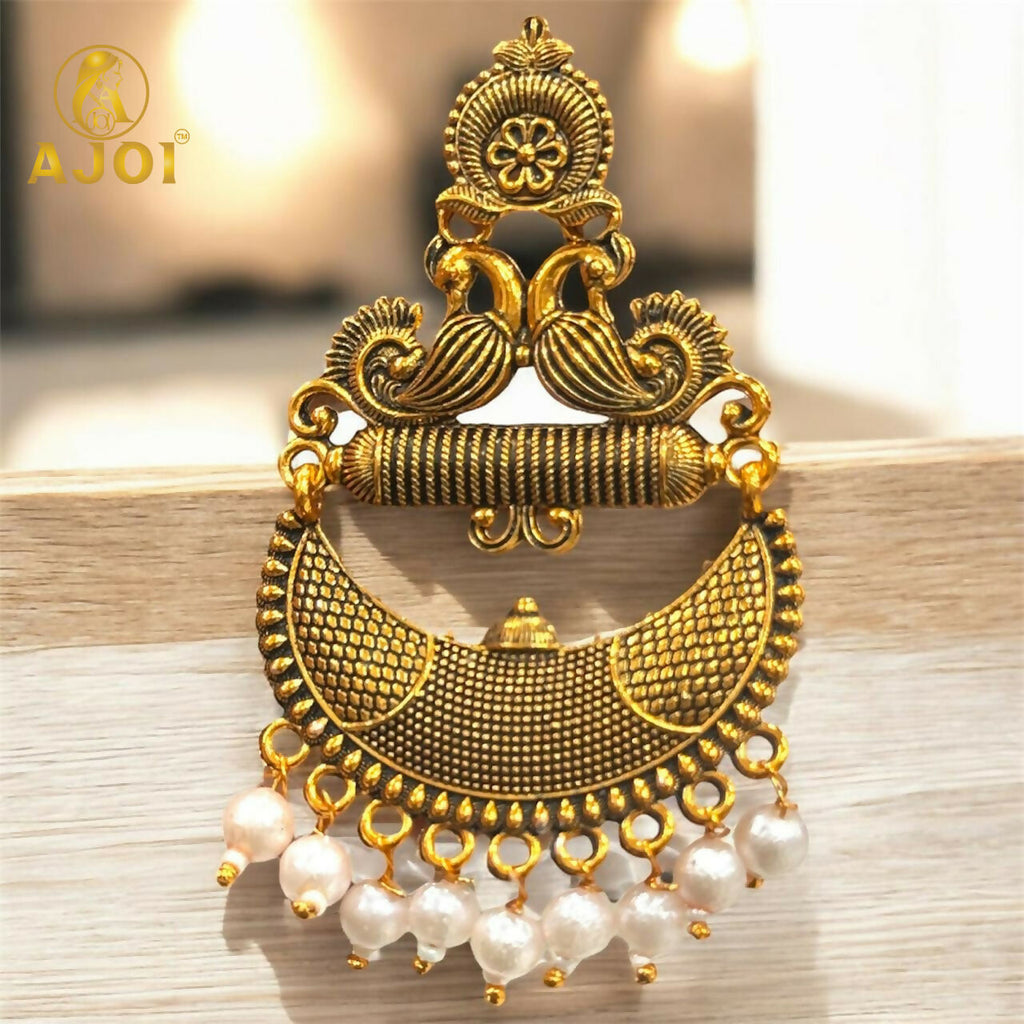Antique Gold Tribal Chandbali Earrings – Elegant Pearl Drops