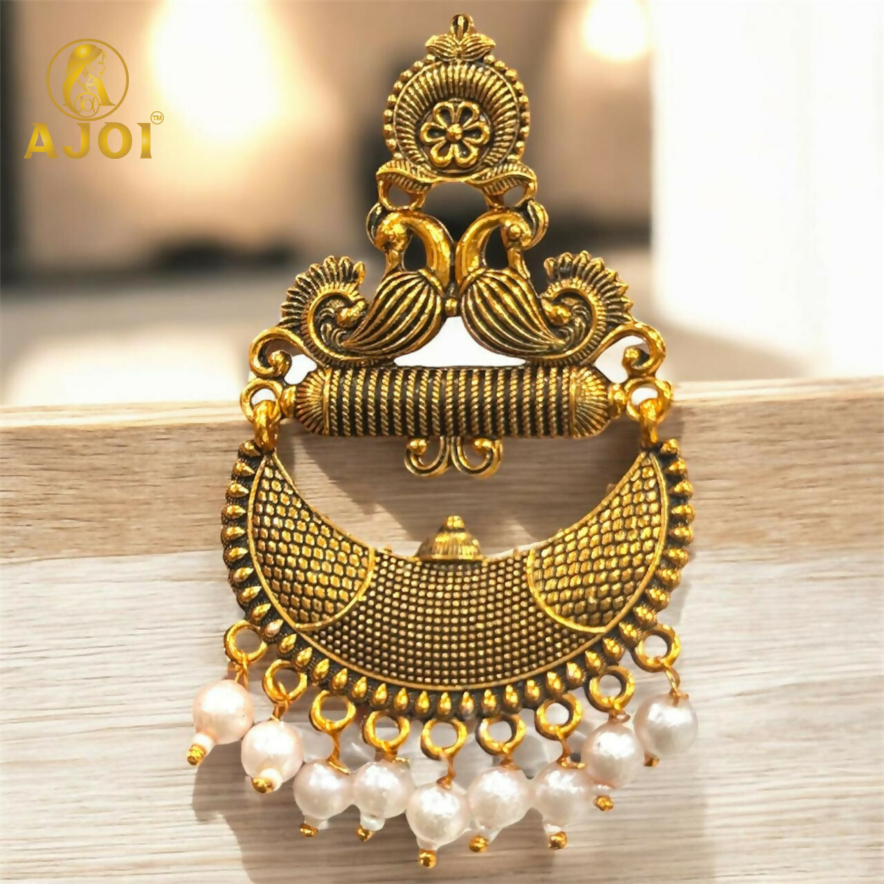 Antique Gold Tribal Chandbali Earrings – Elegant Pearl Drops