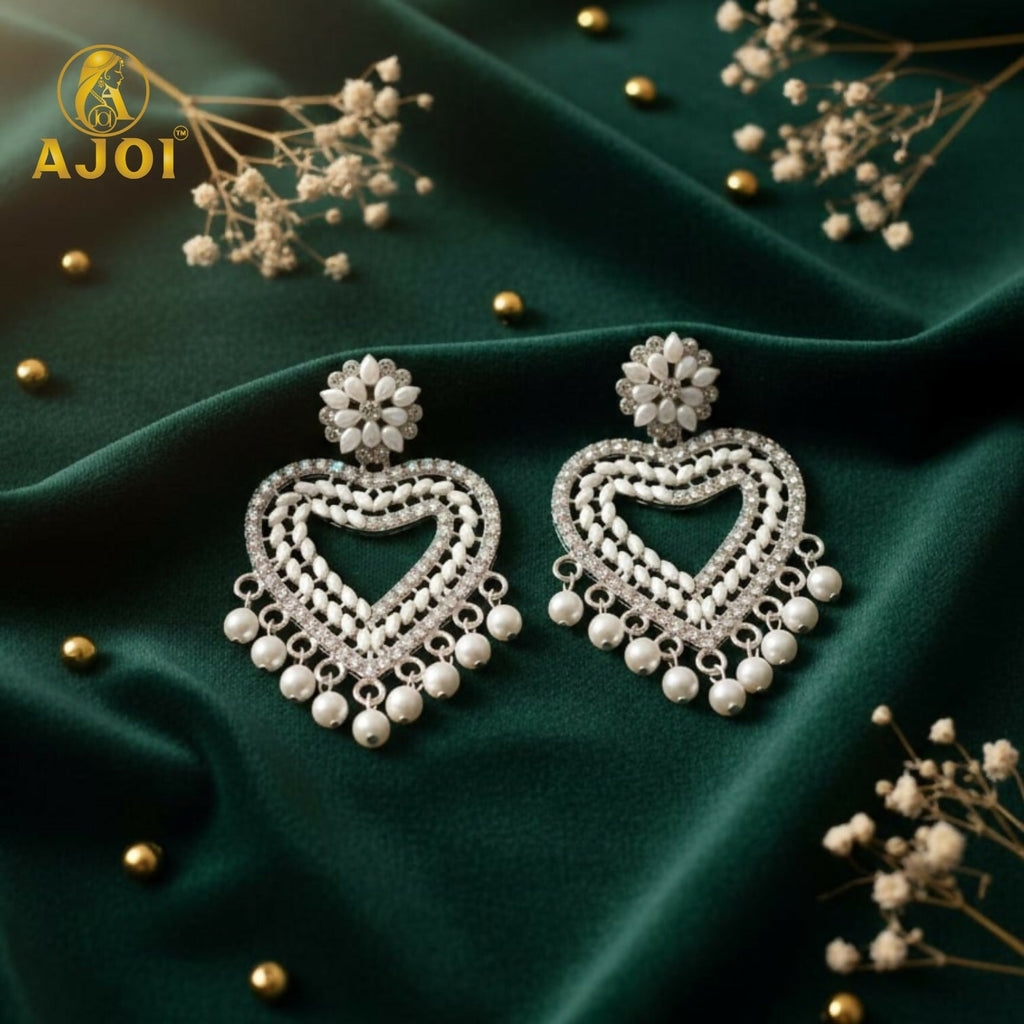 Heart-Shaped Pearl Drop Earrings – Elegant Silver Jewellery
