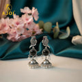 Peacock Earrings – Black Stone Jhumka in Oxidized Silver