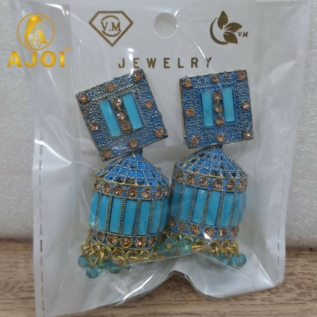 Turquoise Blue Designer Earrings – Elegant Gold Drop & Stone Accents