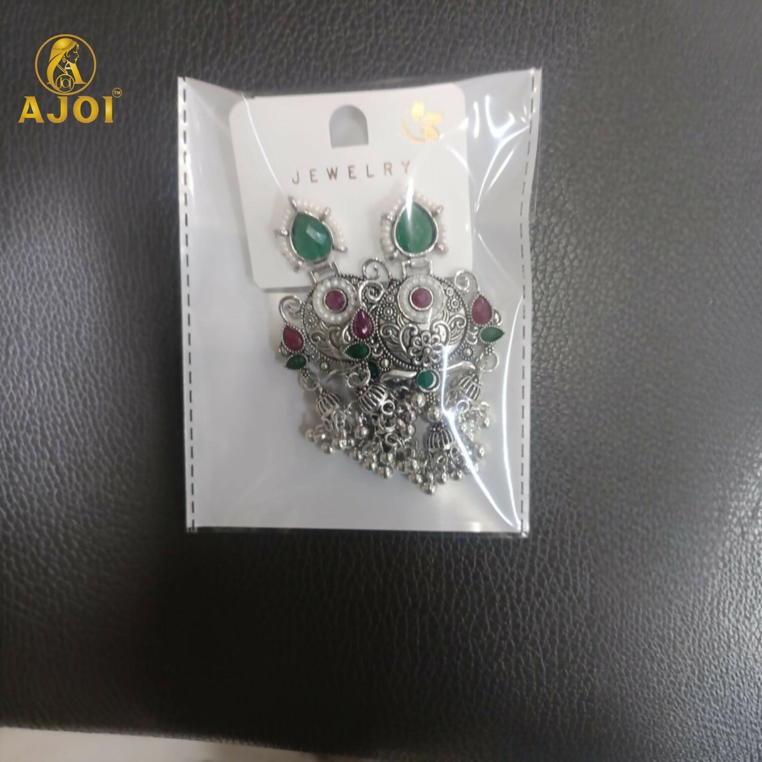 Oxidised Chandbali Jhumka Earrings – Elegant Green & Red Stones
