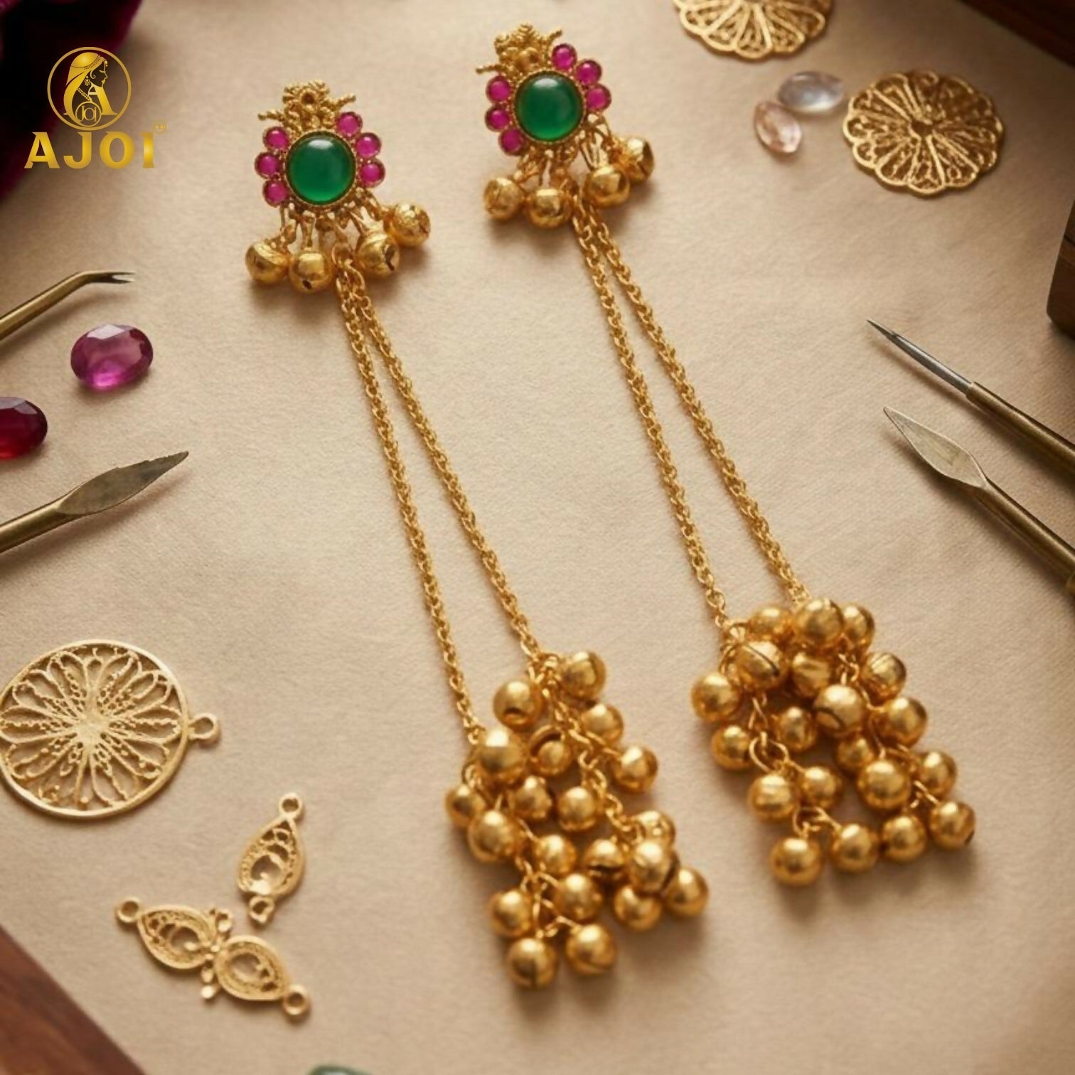 Kashmiri Gold-Plated Ear Cuff Earrings with Emerald & Ruby