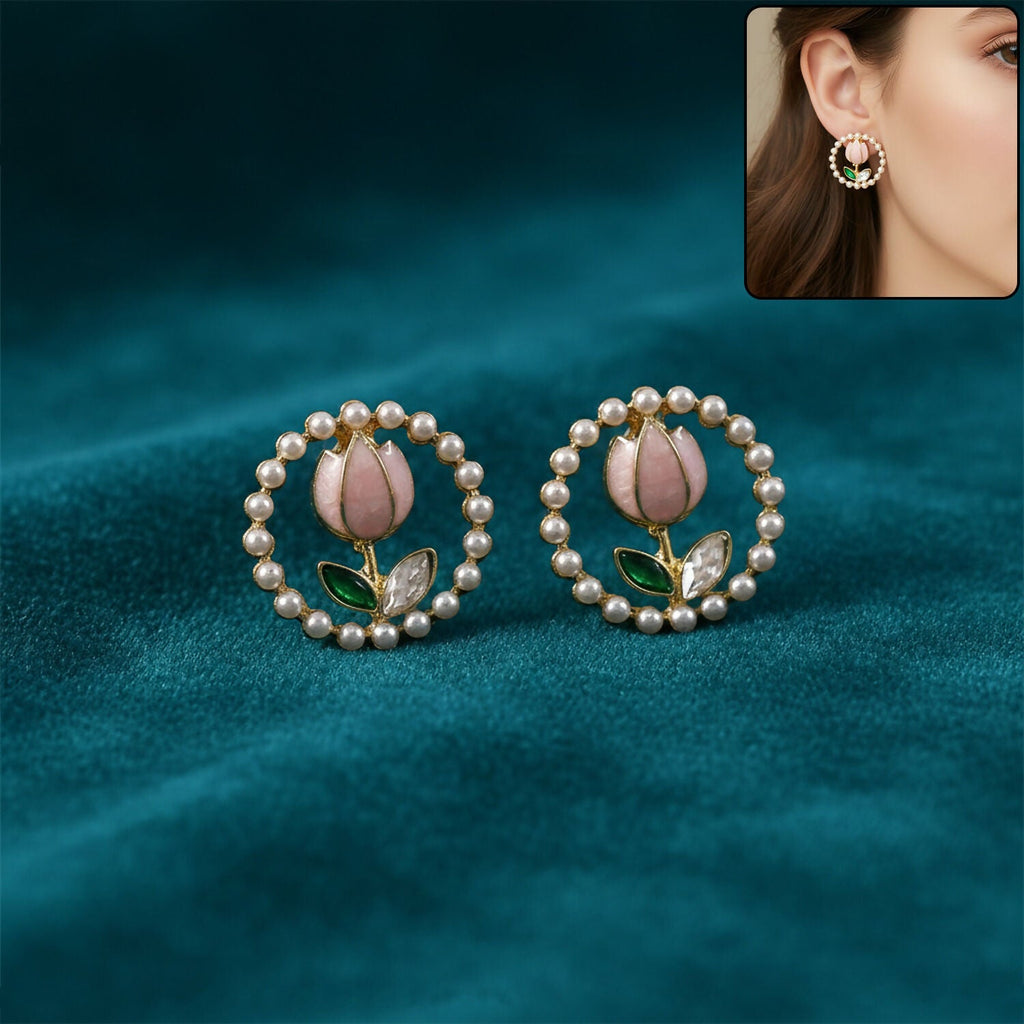 Korean Pearl Floral Stud Earrings – Elegant Rose Design
