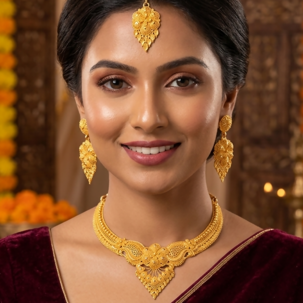 Gold Plated Bridal Necklace Set with Earrings and Maang Tikka Traditional Jewellery
