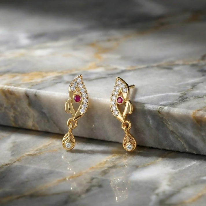 Gold Leaf Pattern Earrings – Elegant Stone Work & Drop Charm