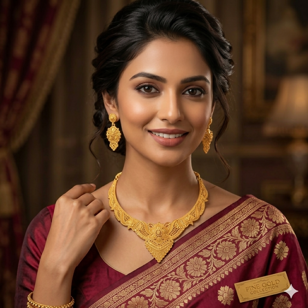 Gold-Tone Floral Necklace with Matching Earrings for Wedding & Festive Wear