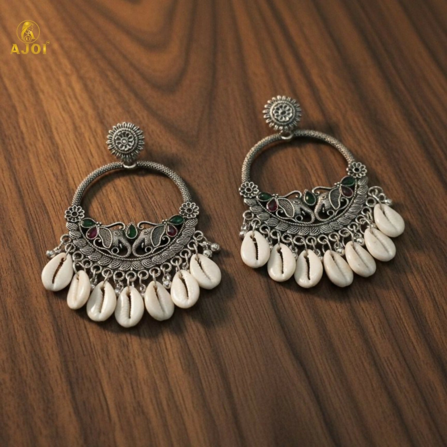 Oxidized Silver Shell Chandbali Earrings – Handcrafted Royal Motifs