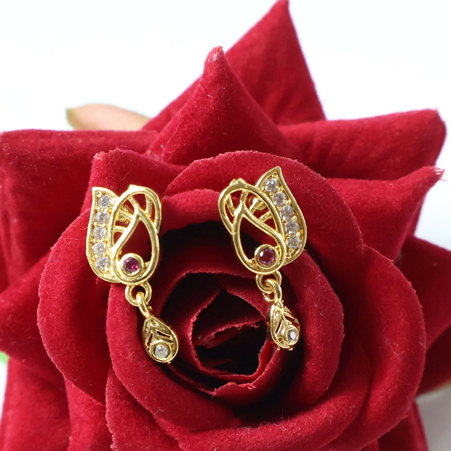 Gold Plated Ruby Accent Stud Earrings – Elegant Drop Design