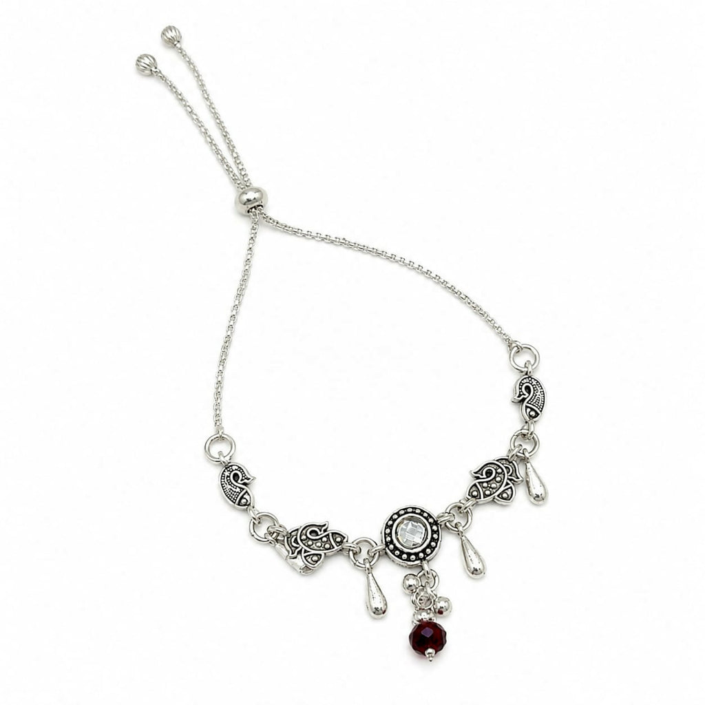 Oxidized Silver Peacock Bracelet with Kundan Stone & Red Bead Charms Adjustable Chain