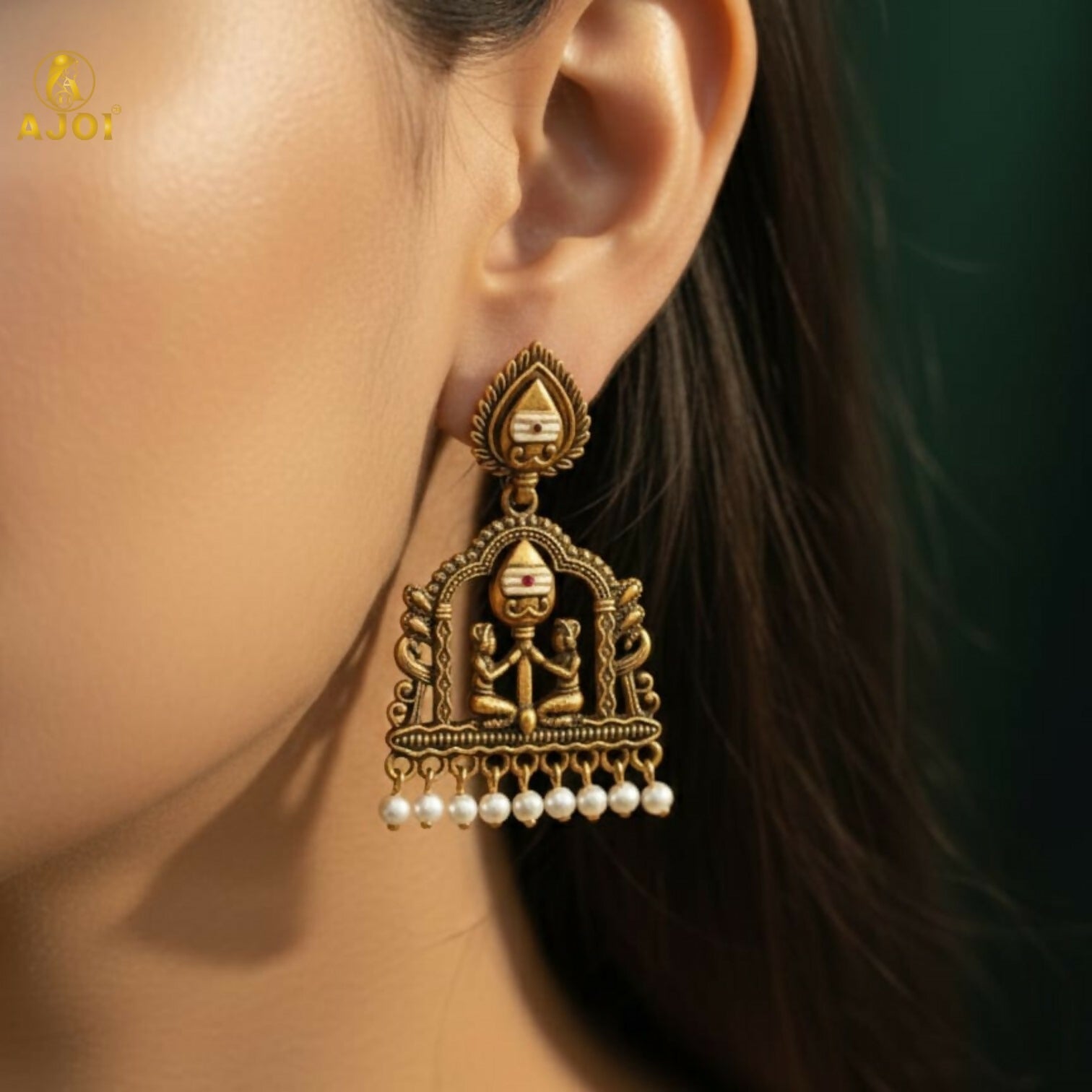 Gold-Tone Temple Jhumka Earrings with Pearl Danglers – Elegant Ethnic Design