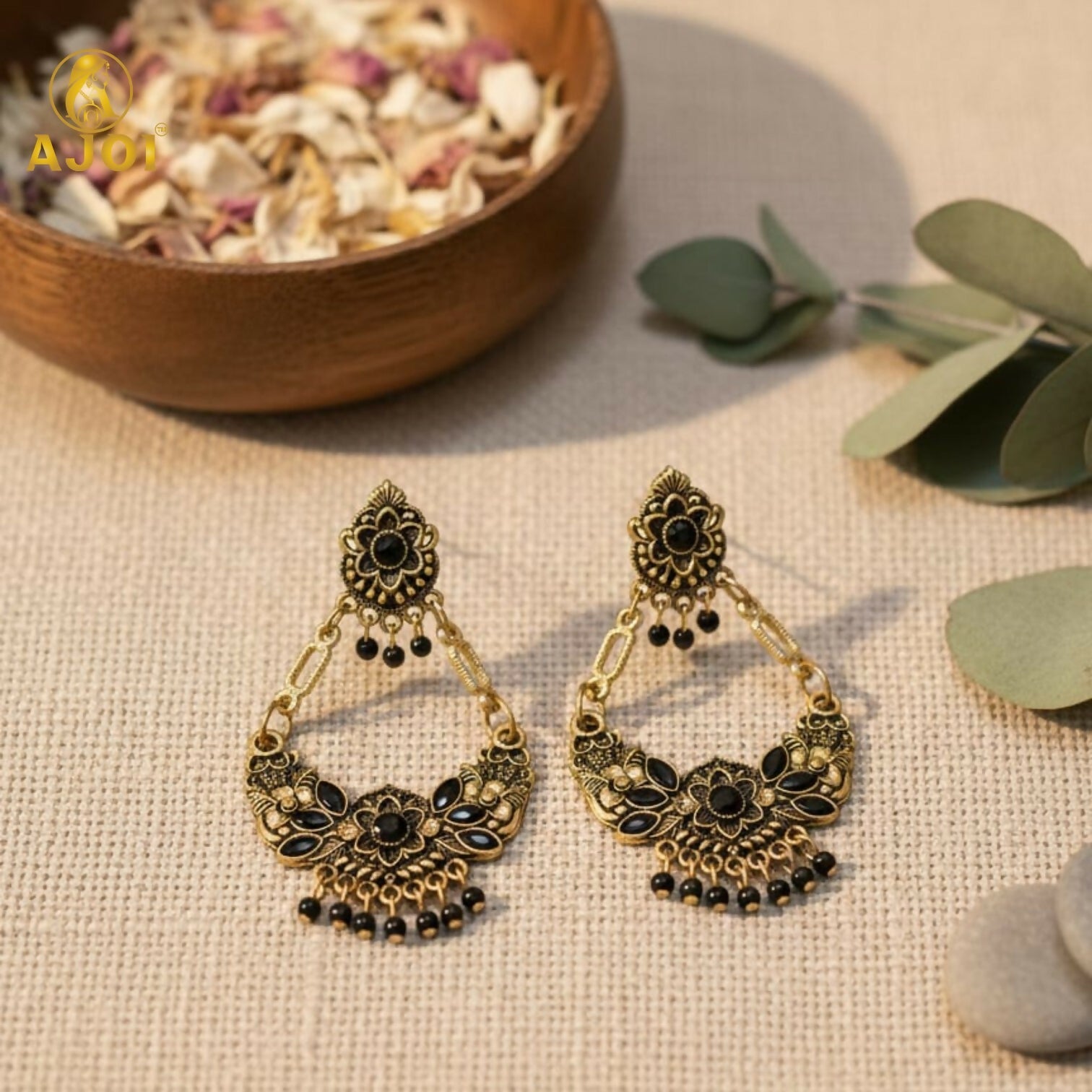 Chandbali Earrings – Antique Gold-Plated Floral with Black Stones