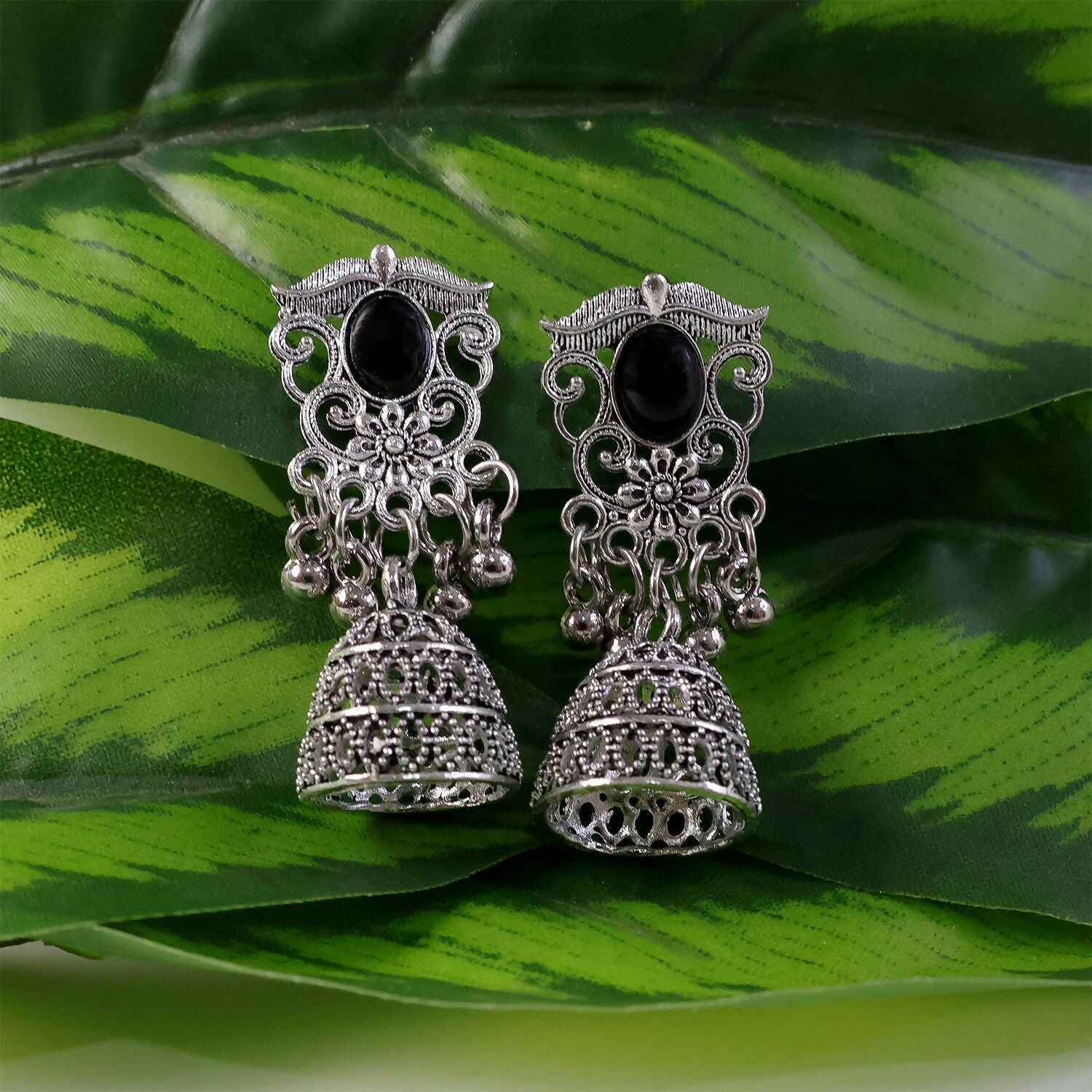 German Silver Jhumka Earrings – Elegant Black Monalisa Stones