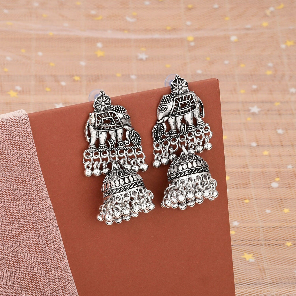 Elephant Jhumka Earrings – Traditional Silver Finish for Ethnic Wear
