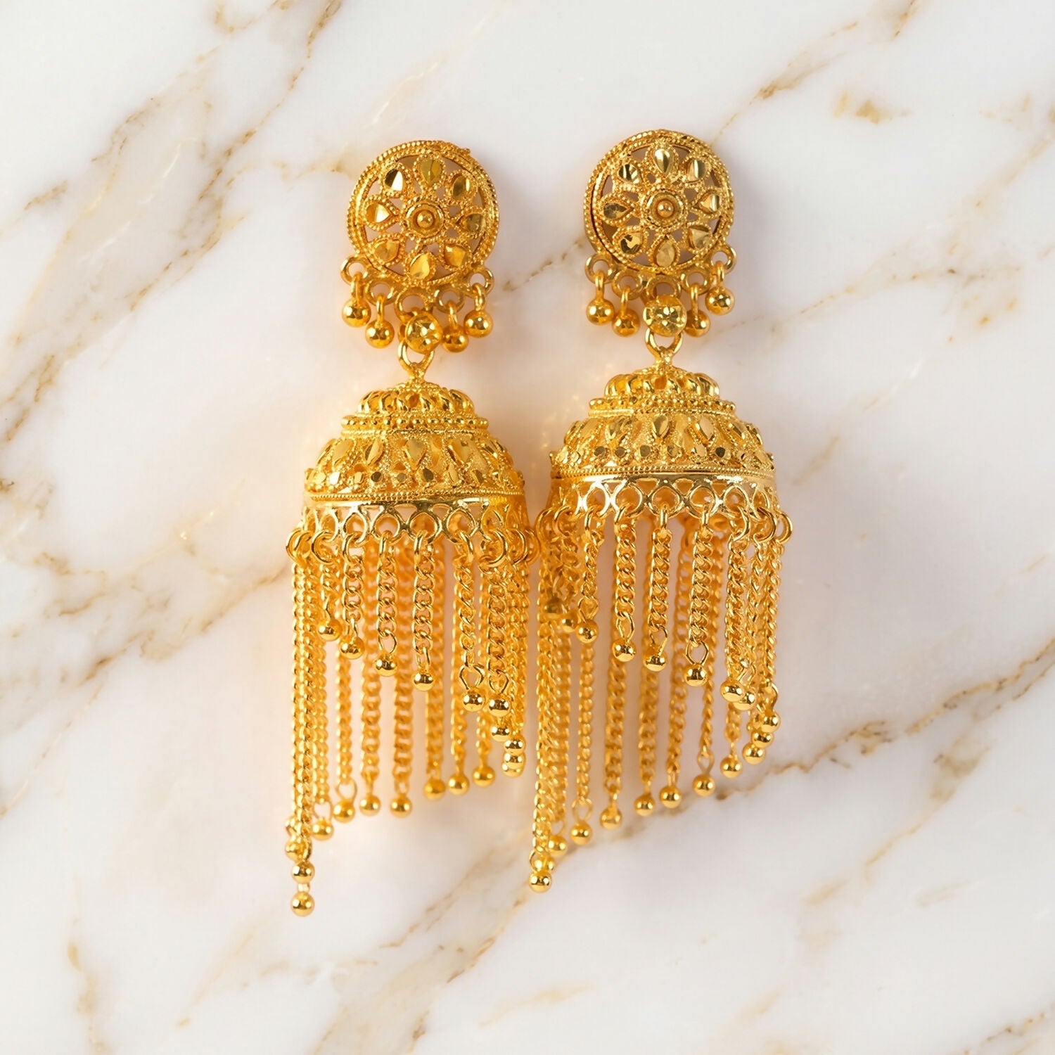 Golden Long Tassel Jhumka Earrings – Traditional Festive Charm
