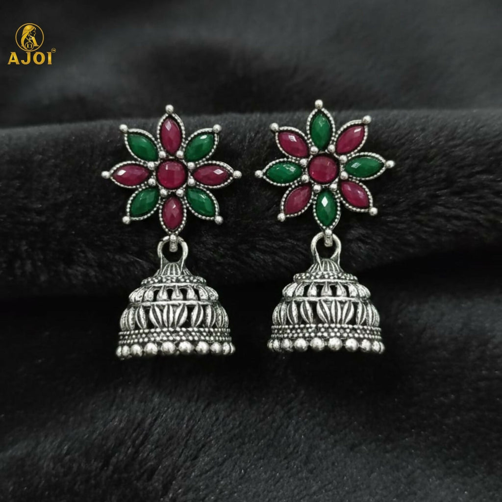 Floral Jhumka Earrings – Elegant Oxidized Silver Design
