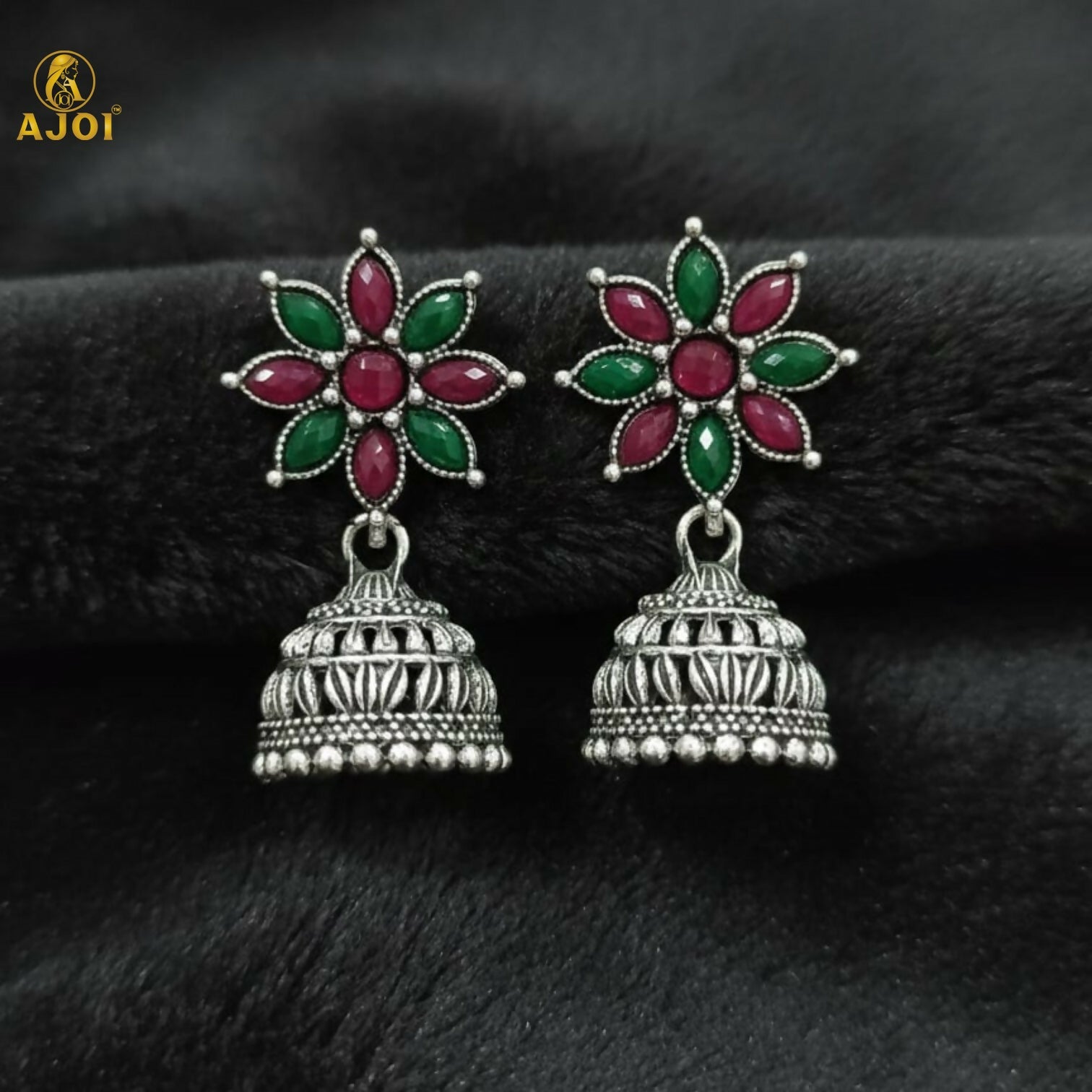 Floral Jhumka Earrings – Elegant Oxidized Silver Design