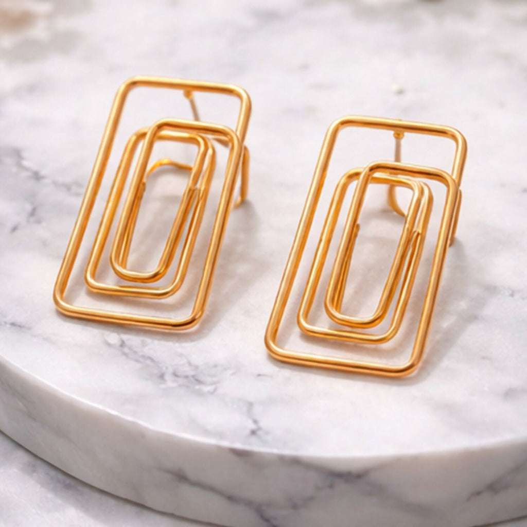 Gold Finish Geometric Rectangle Earrings – Lightweight Modern Fashion