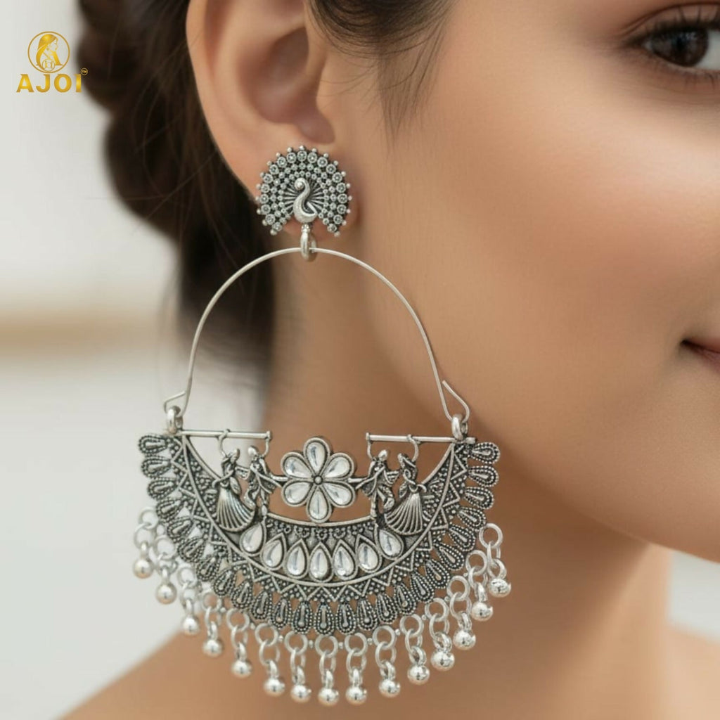 Oxidized Silver Peacock Arch Earrings – Intricate Handcrafted Detailing