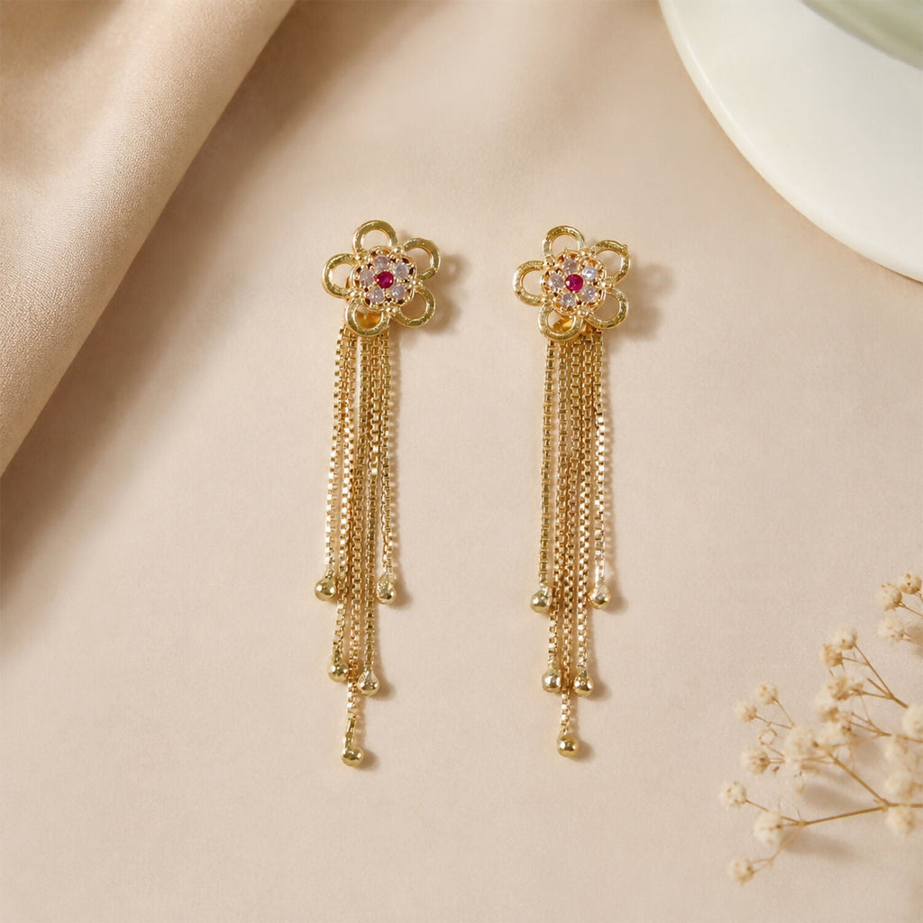 Gold Flower Dangle Earrings – Ruby Gemstone Tassel Design for Women