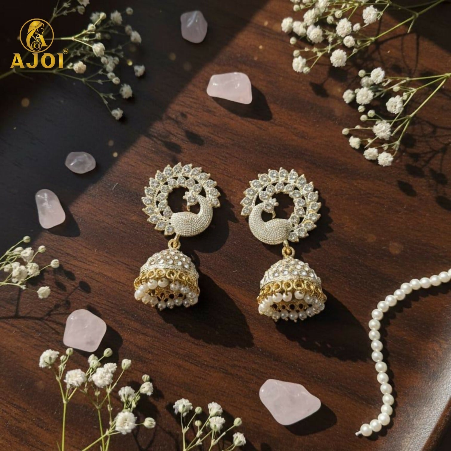 White Stone Pearl Jhumka Earrings – Elegant Festive Jewellery