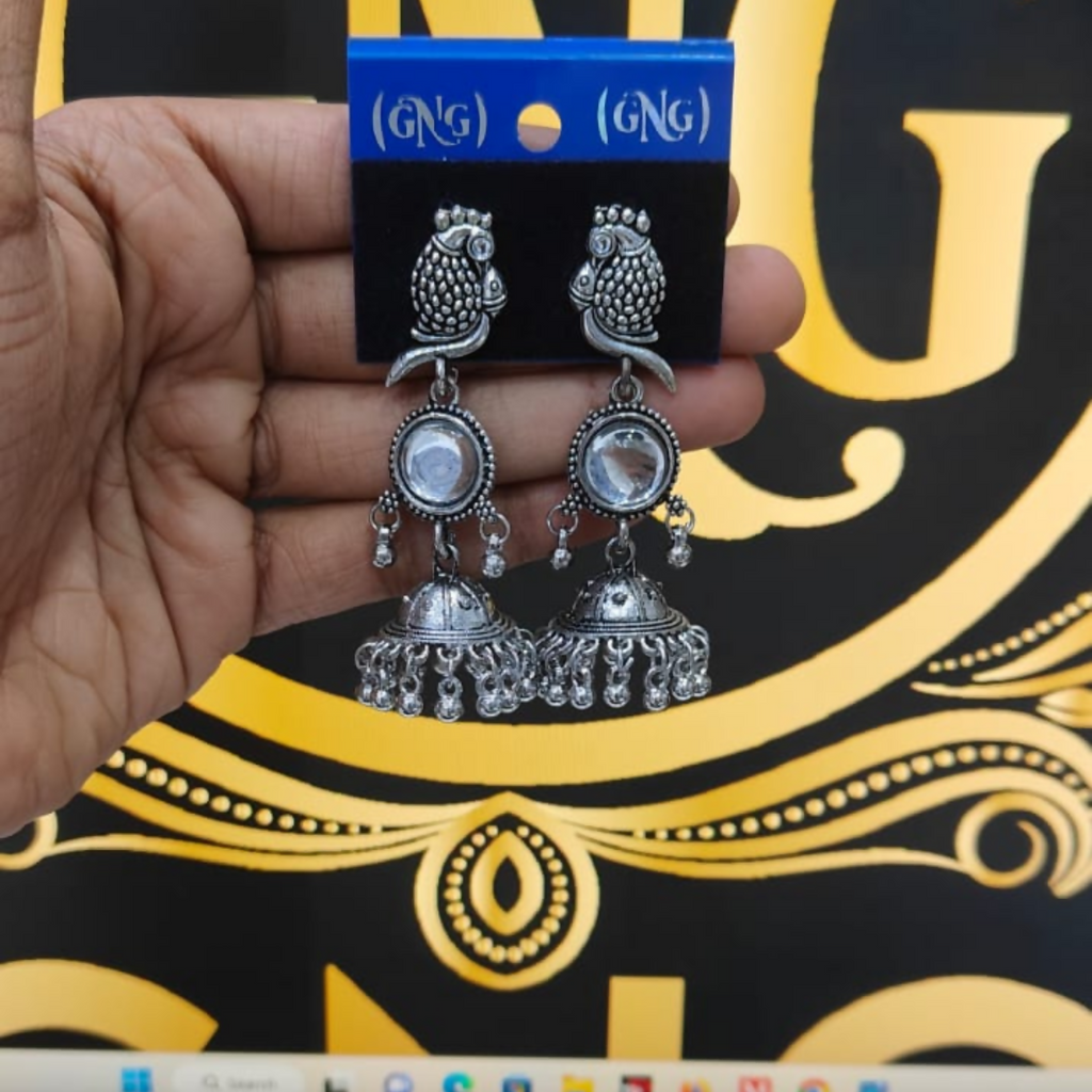 Peacock Jhumka Earrings – Oxidised Silver with Parrot Motif