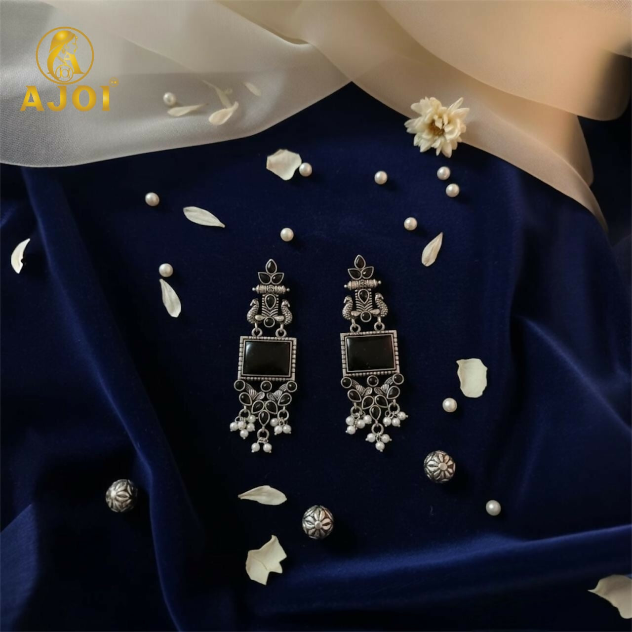 Antique Black Square Stone Oxidised Silver Earrings – Ethnic Pearl Drops