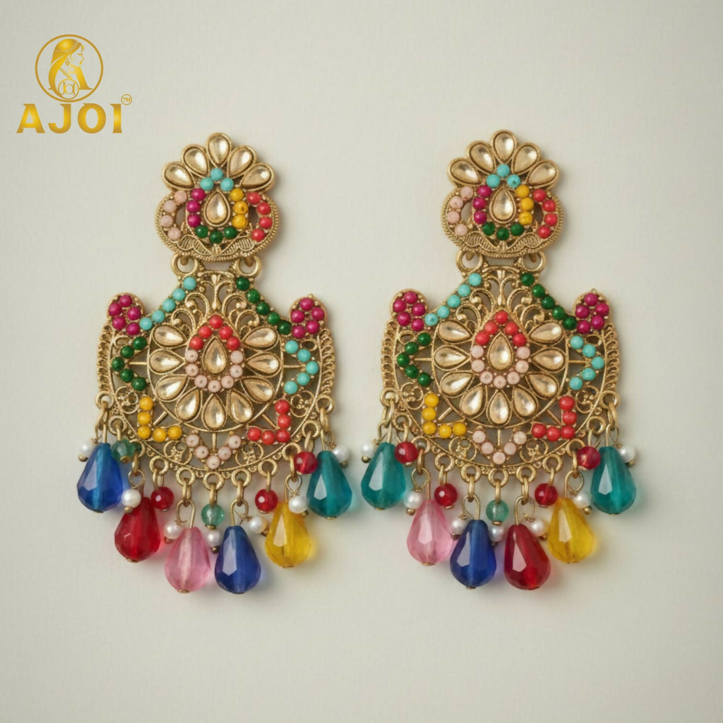 Kundan Chandbali Earrings – Royal Multicolor Antique Gold Finish