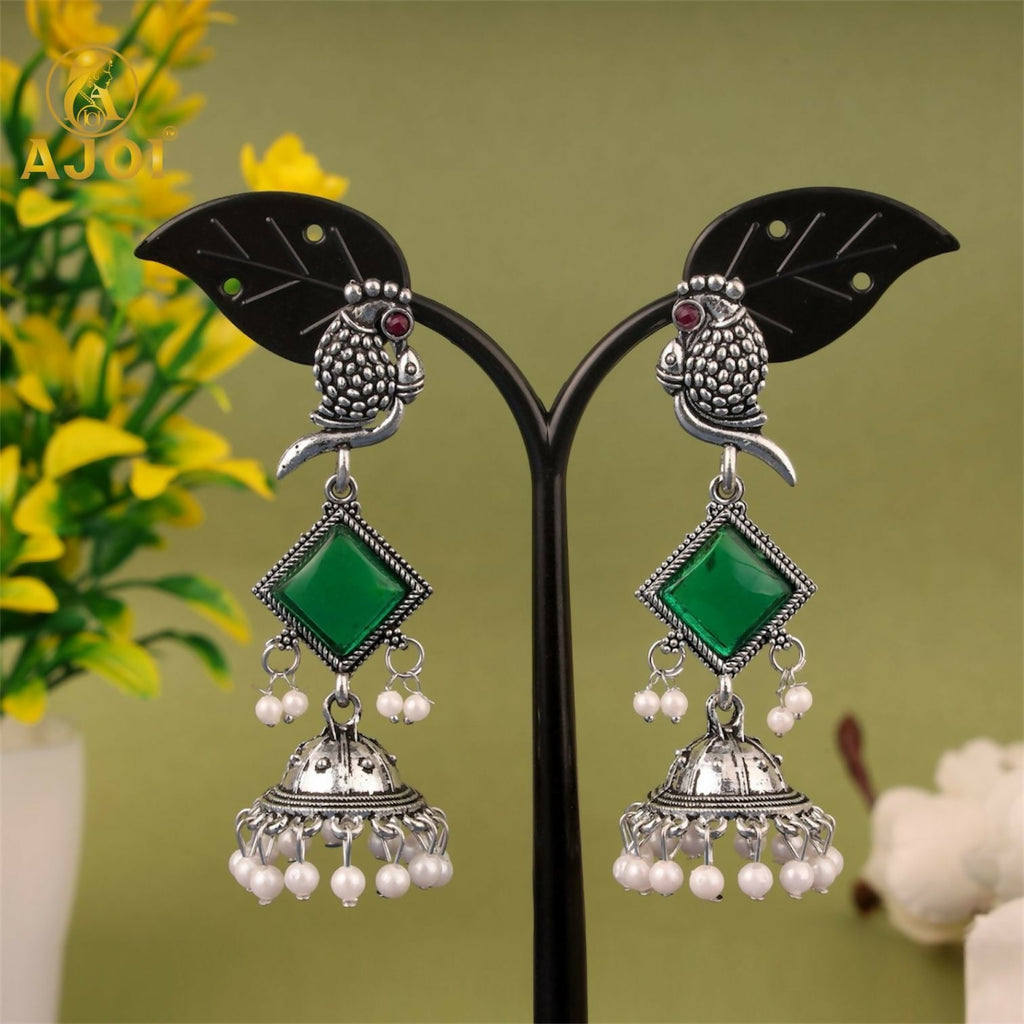 Green Stone Jhumka Earrings – Oxidised Silver Parrot Design