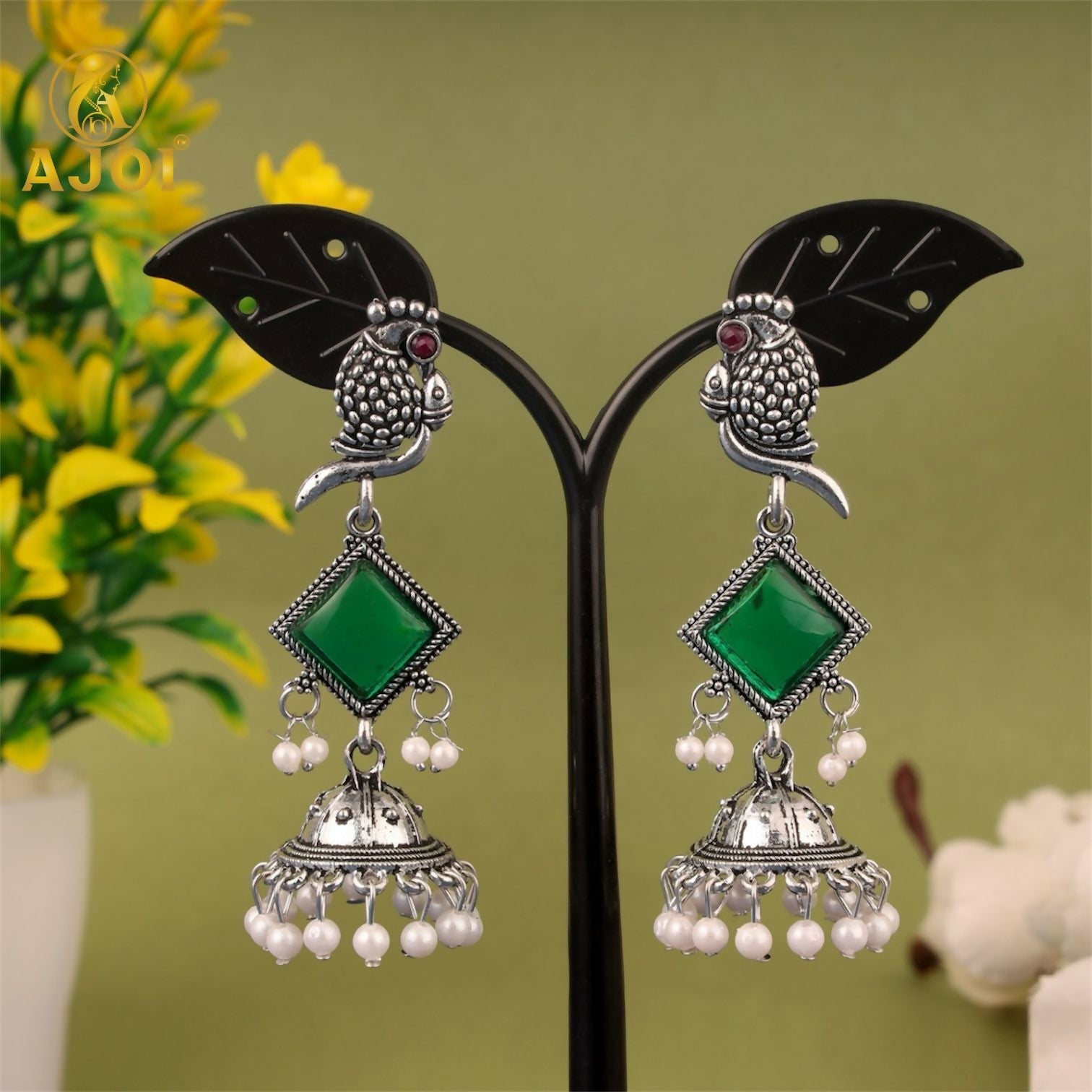 Green Stone Jhumka Earrings – Oxidised Silver Parrot Design