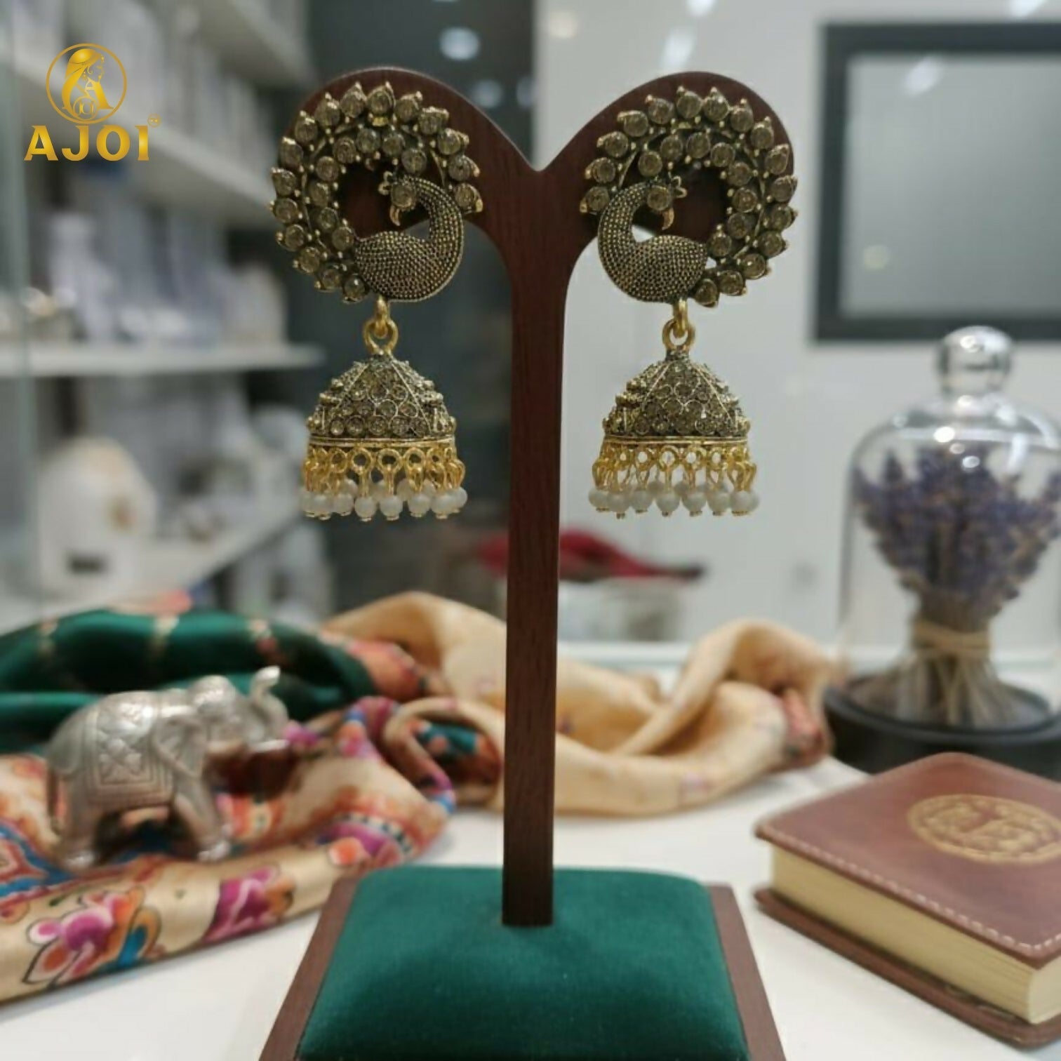 Peacock Design Jhumka Earrings – Antique Grey Elegance