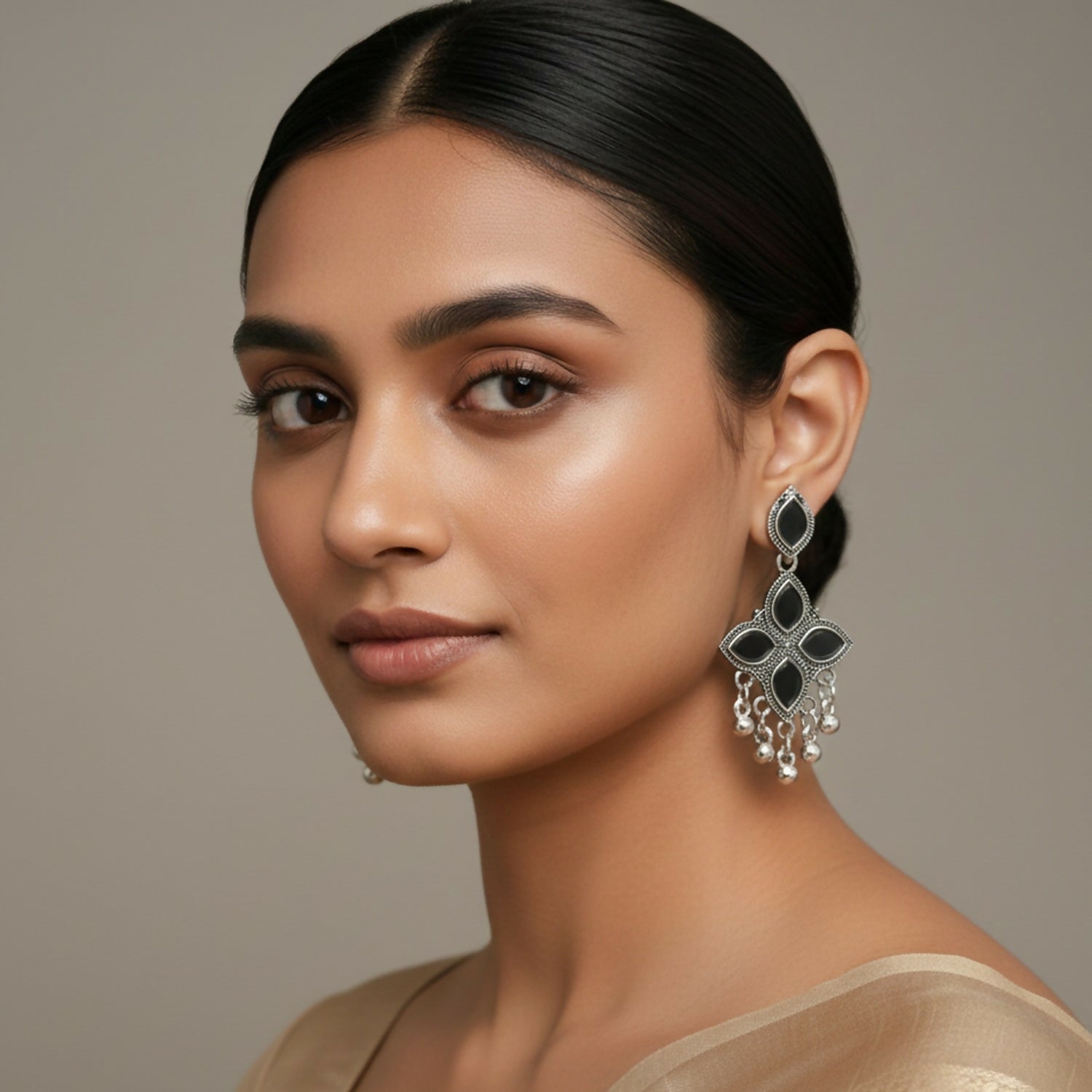 Oxidised Jhumka Earrings – Silver Mirror & White Stones