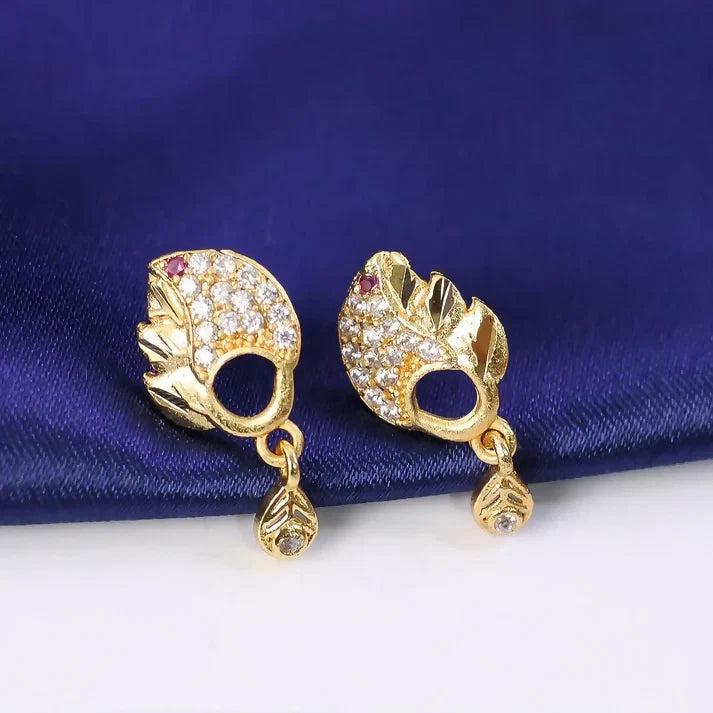 Gold Finish Leaf Pattern Stud Earrings – Elegant Sparkling Stone Drop