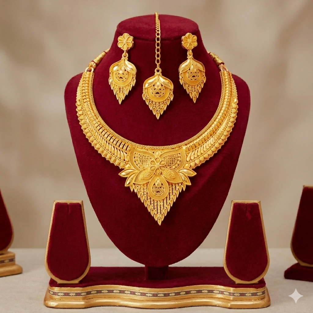 Royal Gold-Tone Statement Necklace Set with Drop Earrings and Maang Tikka for Women