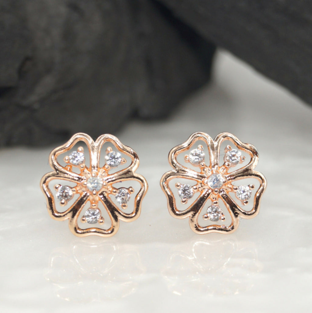 Rose Gold Floral Stud Earrings – Elegant Sparkling Cubic Zirconia