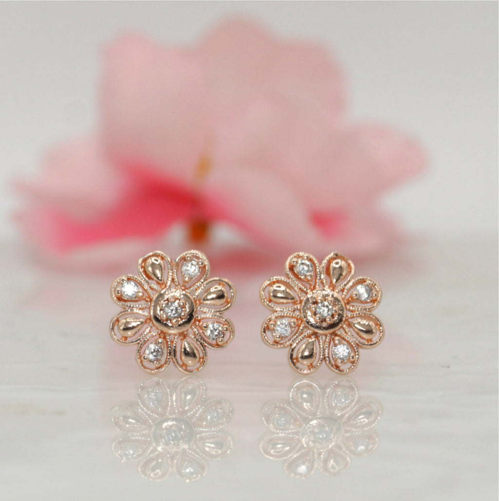 Rose Gold Diamond Flower Stud Earrings – Elegant Floral Sparkle