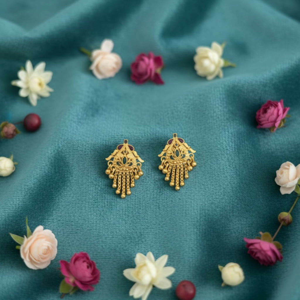 Gold-Plated Jhumka Earrings – Intricate Filigree & Enamel Design