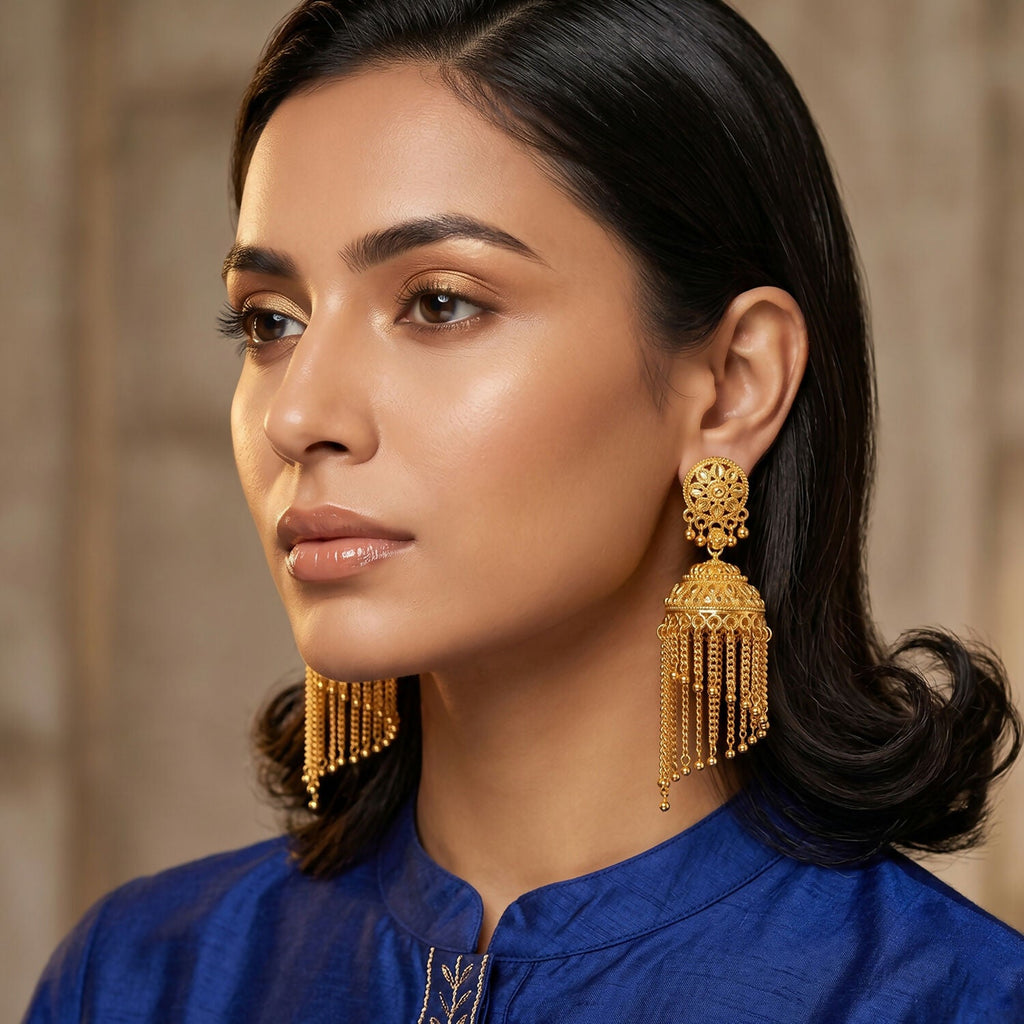 Golden Long Tassel Jhumka Earrings – Traditional Festive Charm