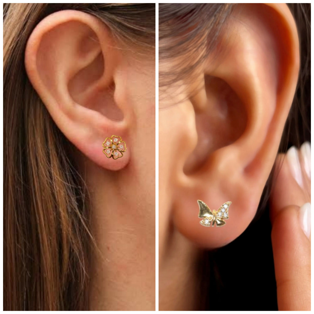 Gold Flower & Butterfly Stud Earrings – Elegant Combo Pack of 2