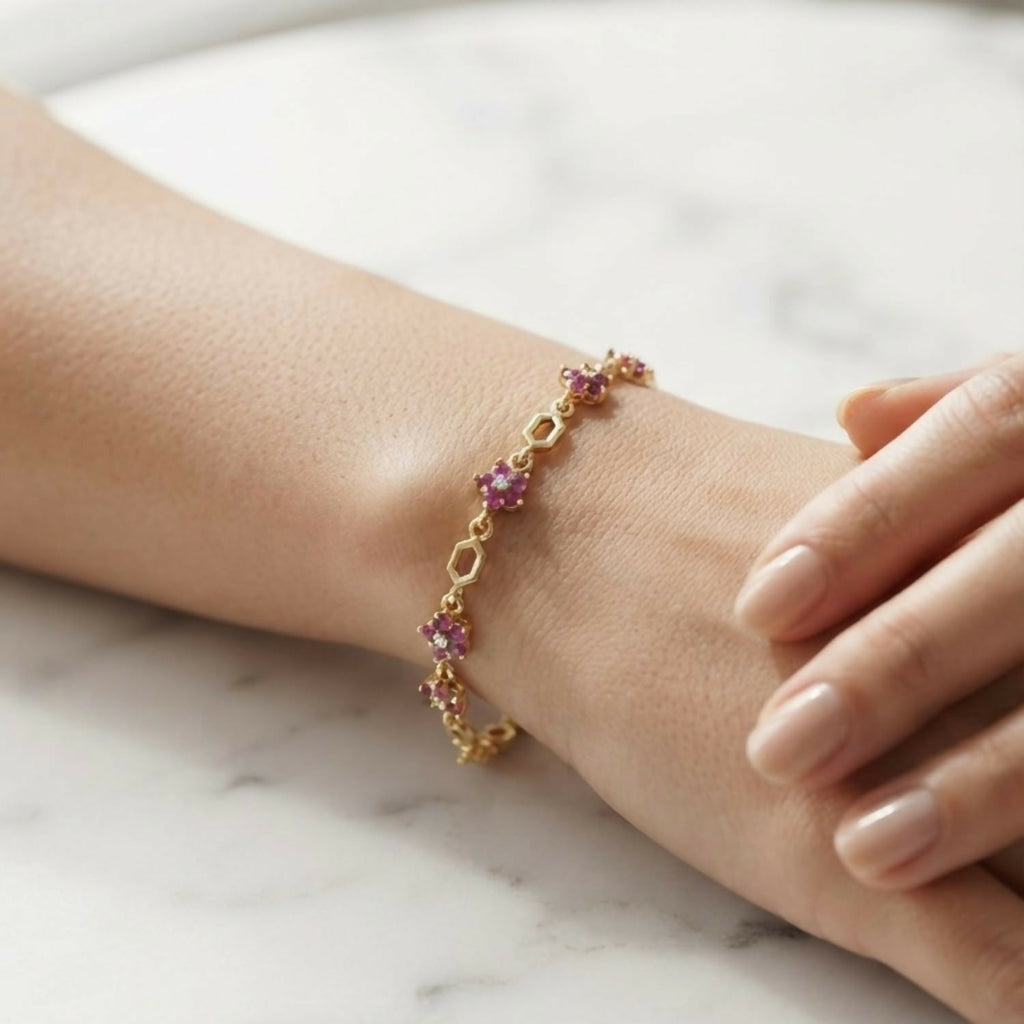 Elegant Pink Floral Stone Gold-Tone Bracelet with Geometric Links for Women & Girls