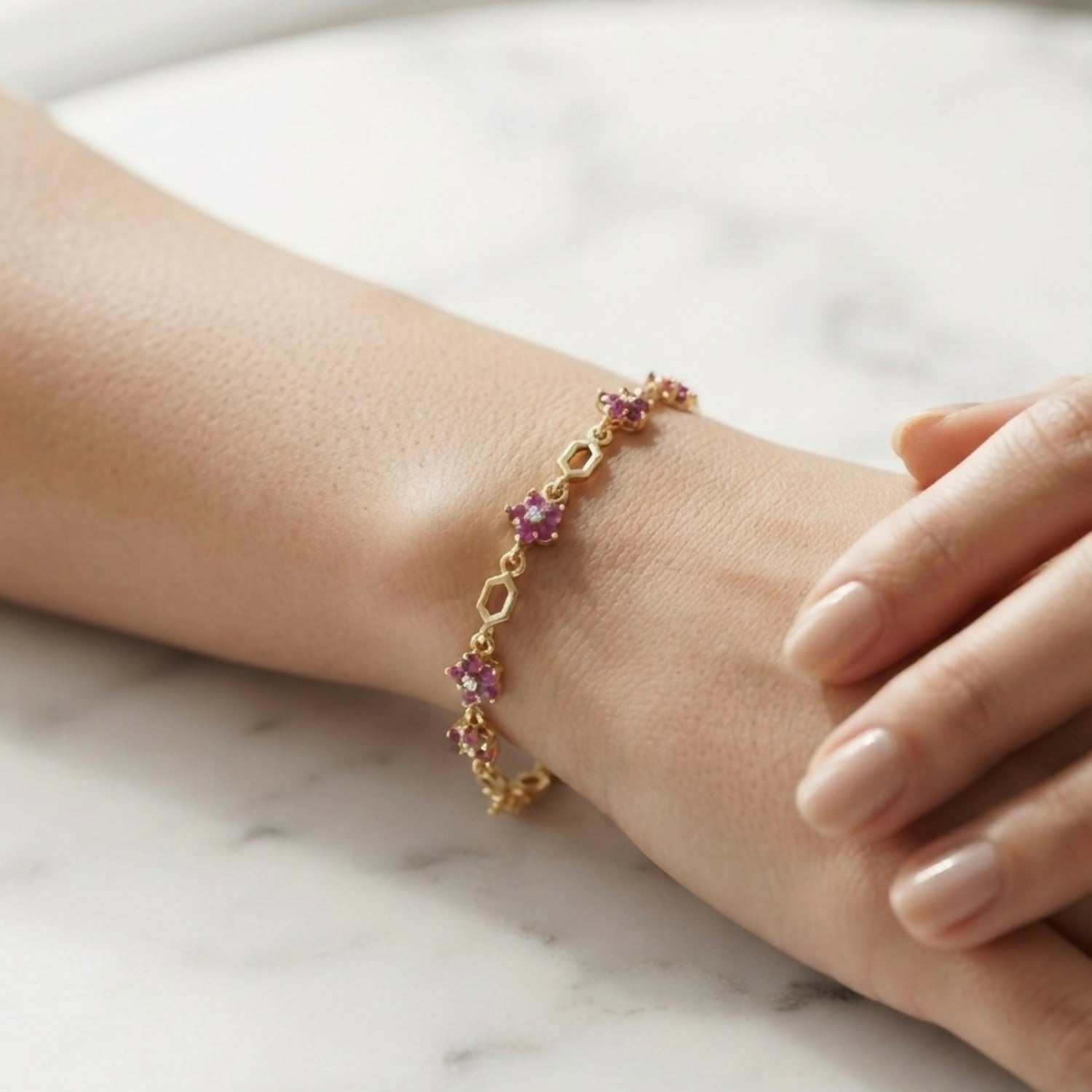 Elegant Pink Floral Stone Gold-Tone Bracelet with Geometric Links for Women & Girls