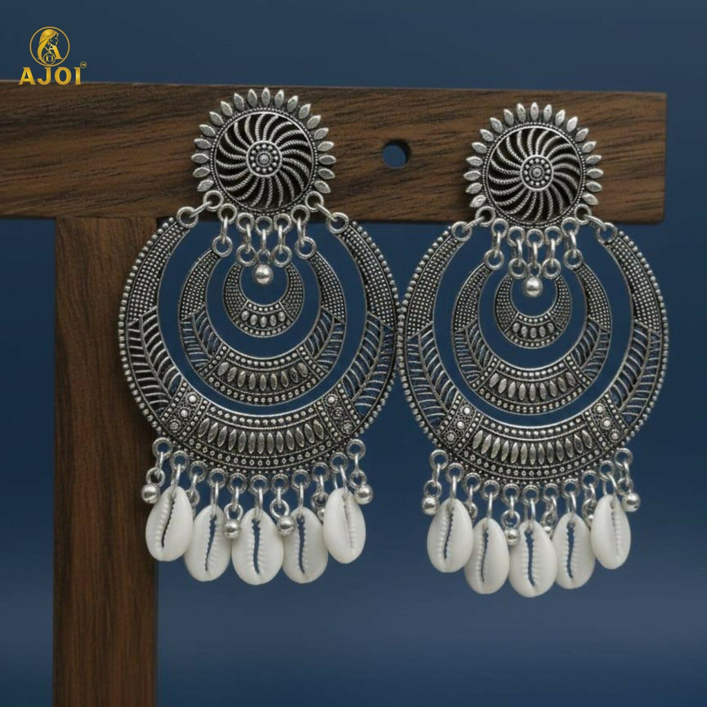 Oxidized Silver Chandbali Earrings with Cowrie Shell Drops