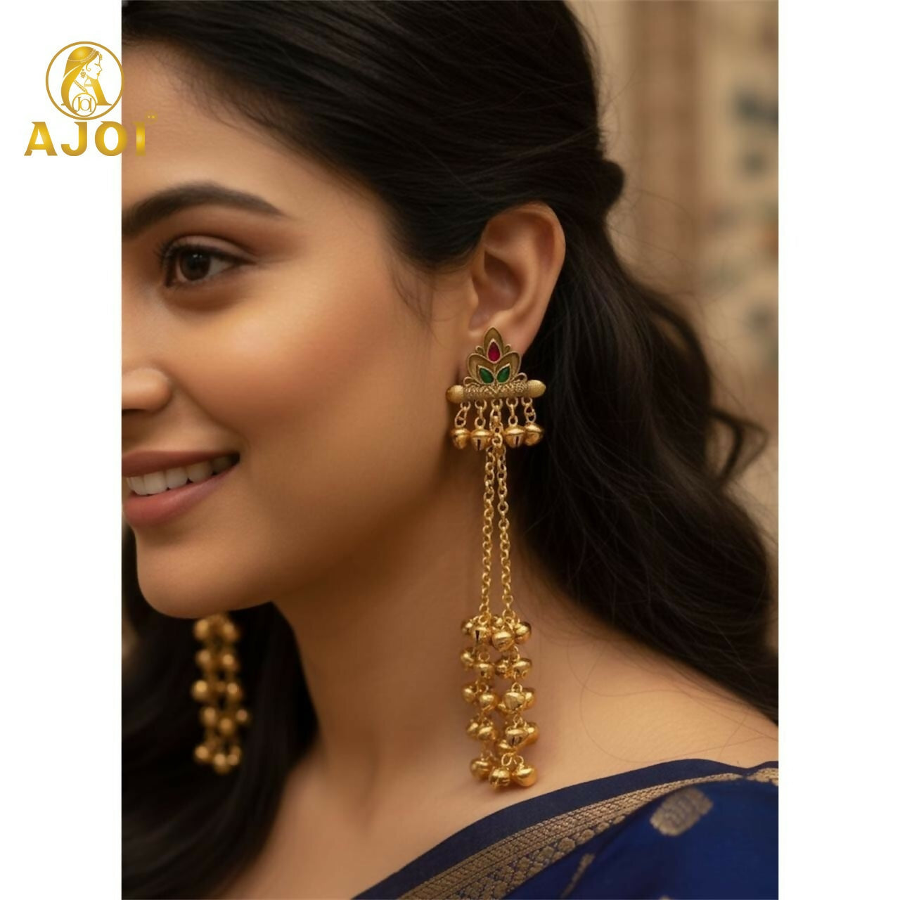 Kashmiri Long Chain Ghungroo Earrings – Elegant Festive Jewellery