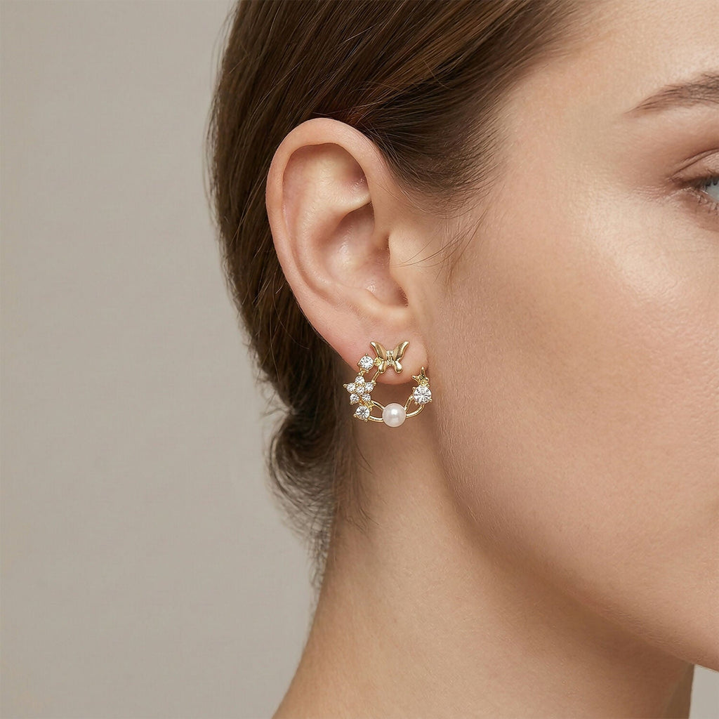 Pearl Wreath Stud Earrings – Elegant Gold-Tone for Women