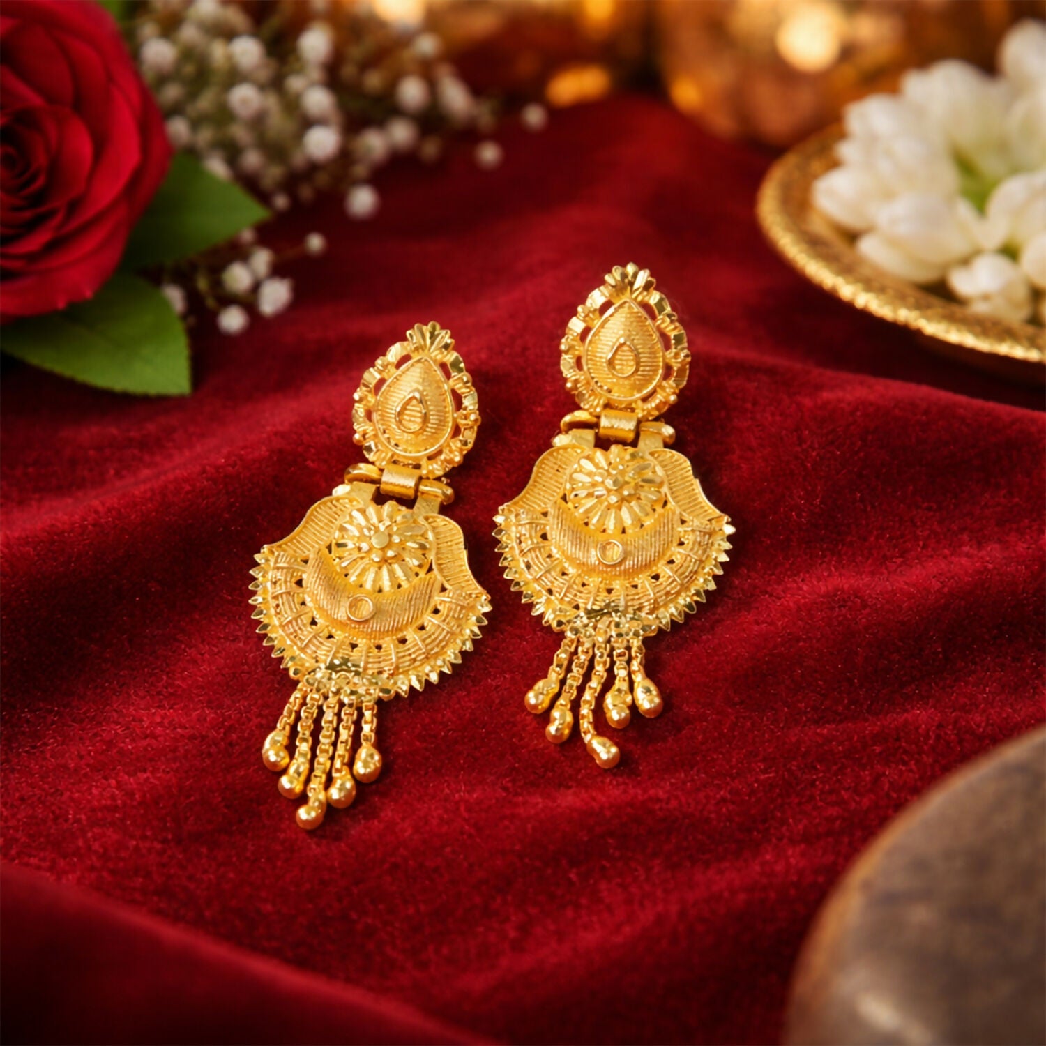 South Indian Gold Jhumka Earrings – Traditional Leaf Motif