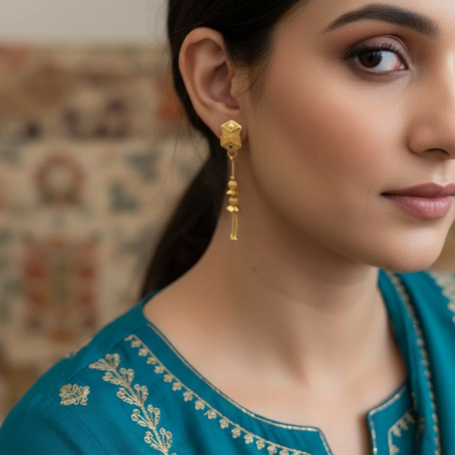 Gold-Plated Jhumka Earrings – Traditional Long Chain Beads Jewelry for Women