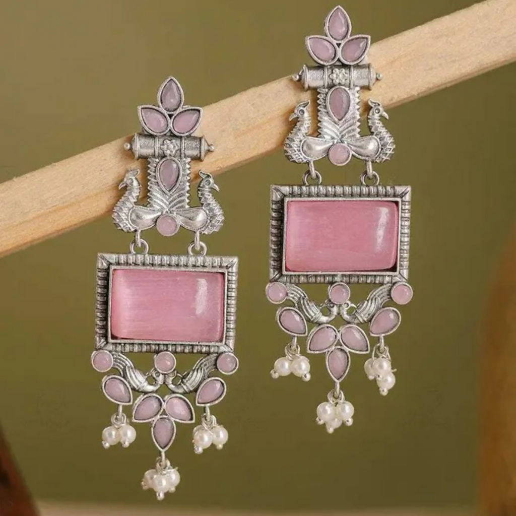 Oxidized Silver Drop Earrings – Pink Stone & Pearl Traditional Charm